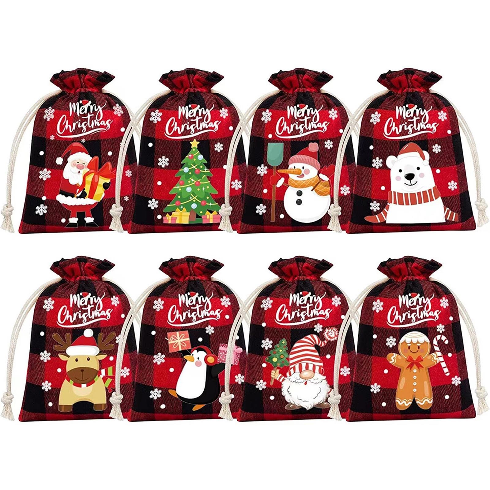 KXBDSFY 8Pcs Cotton Christmas Drawstring Bags Buffalo Plaid Xmas Gift Bags Cotton Xmas Candy Bags Small Christmas Fabric Bags Gift Bags Sacks Reusable Gift Wrapping Bags for Home